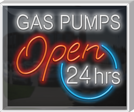 Outdoor Gas Pumps Open 24 Hrs Neon Sign