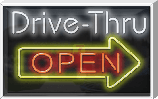 Outdoor Drive-Thru Open with Right Arrow Neon Sign