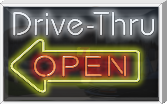 Outdoor Drive-Thru Open with Left Arrow Neon Sign