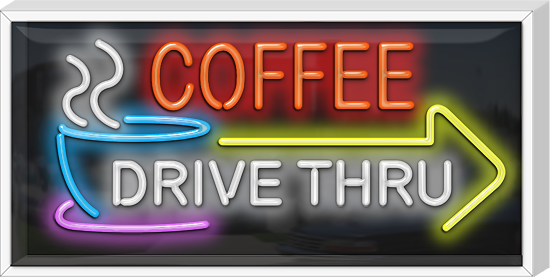 Outdoor Coffee Drive Thru with Right Arrow Neon Sign