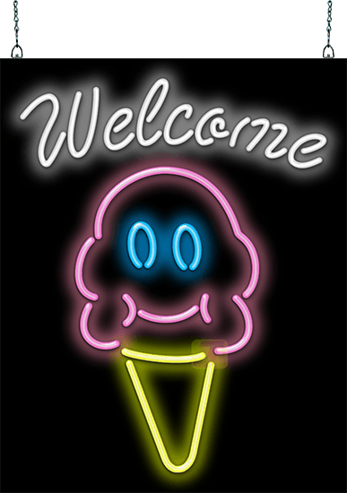 Ice Cream Cone Face with Welcome Neon Sign