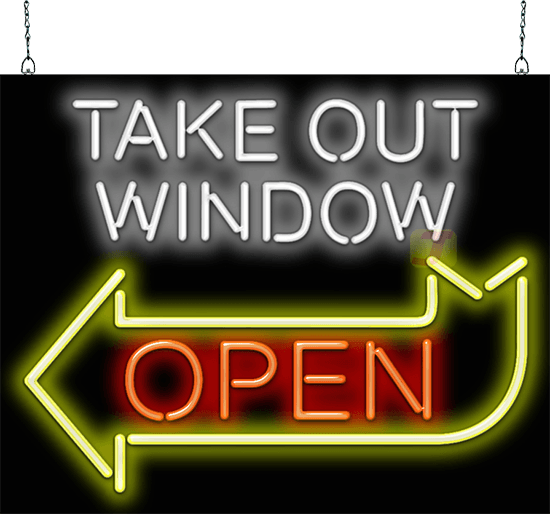 Take Out Window Open with Left Arrow Neon Sign
