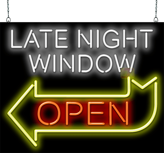 Late Night Window Open with Left Arrow Neon Sign