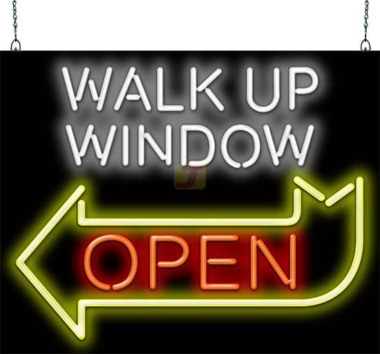 Walk Up Window Open Neon Sign with Left Arrow