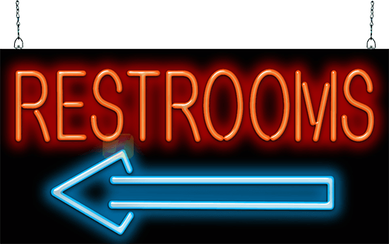 Restrooms Neon Sign with Left Arrow