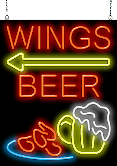 Wings Beer with Left Arrow Neon Sign