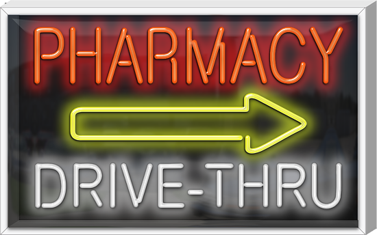 Outdoor Pharmacy Drive-Thru with Right Arrow Neon Sign