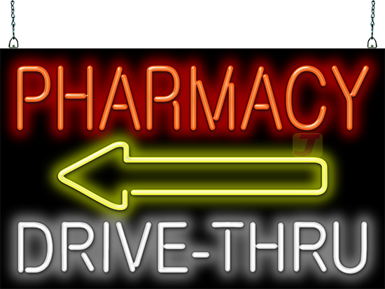 Pharmacy Drive-Thru with Left Arrow Neon Sign