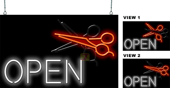 Open Neon Sign with Animated Scissors