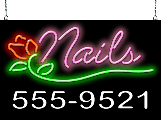 Nails with Rose and Phone Number Neon Sign