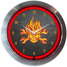 Mechanic Fire Skull and Wrenches Neon Clock