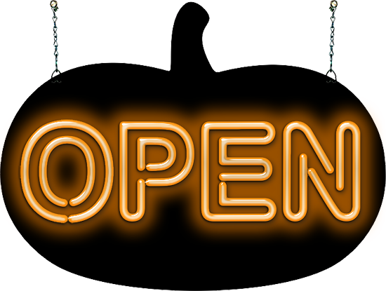 Open with Pumpkin Neon Sign