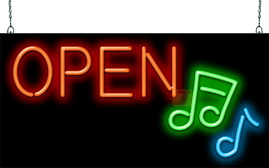 Open with Music Notes Neon Sign