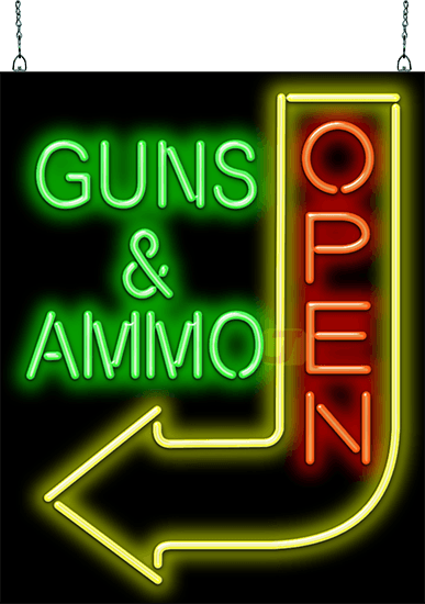 Guns & Ammo Open Neon Sign