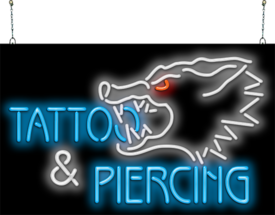 Tattoo & Piercing with Wolf Neon Sign