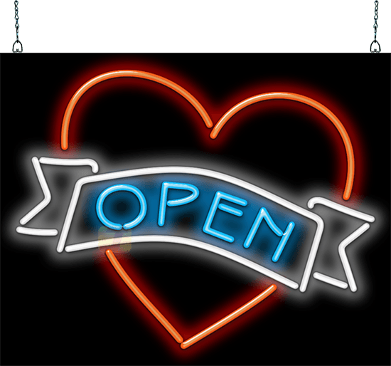 Open with Heart Graphic Neon Sign